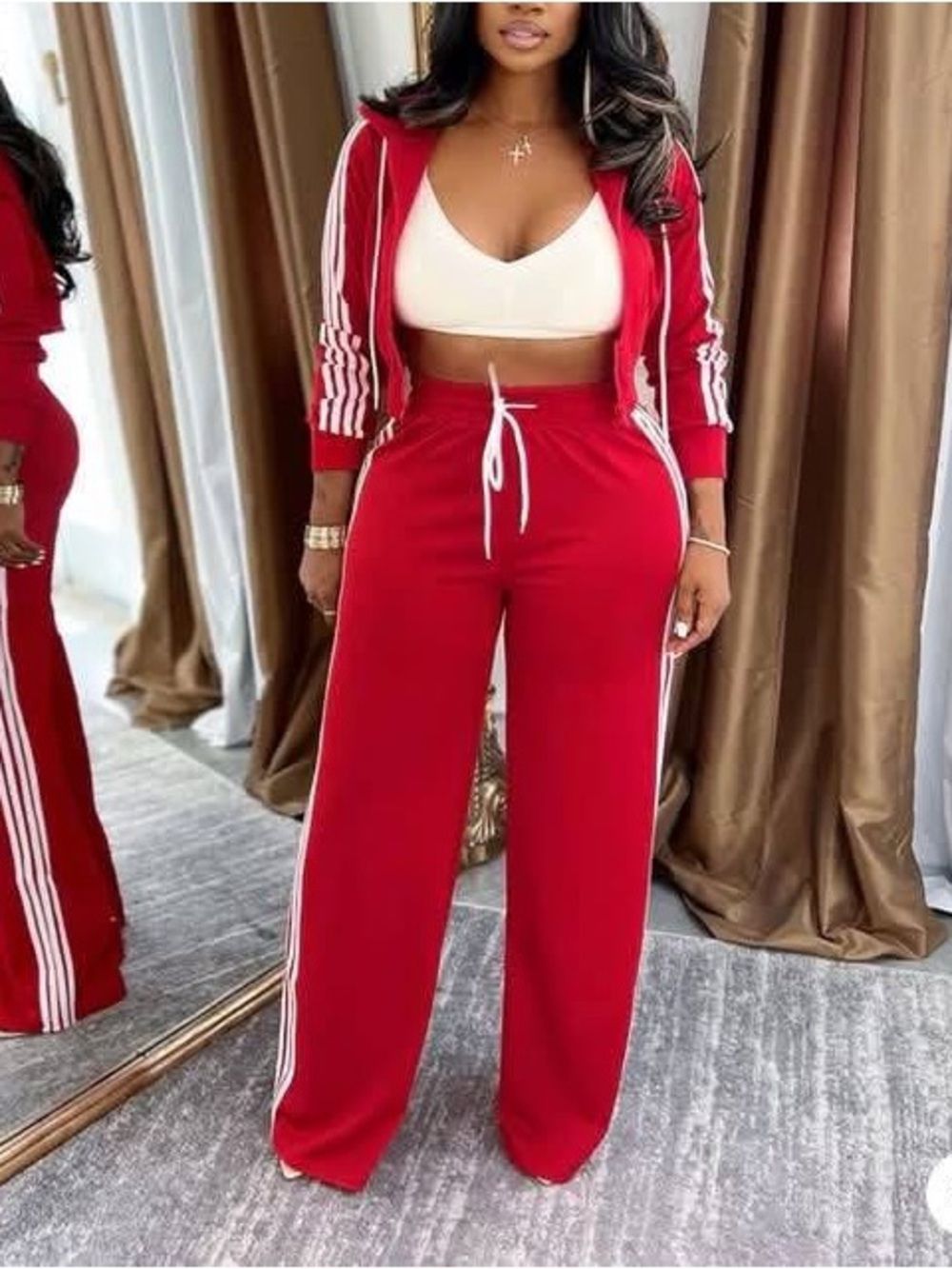 Women's Red Wide-Leg Track Pants with Side Stripes